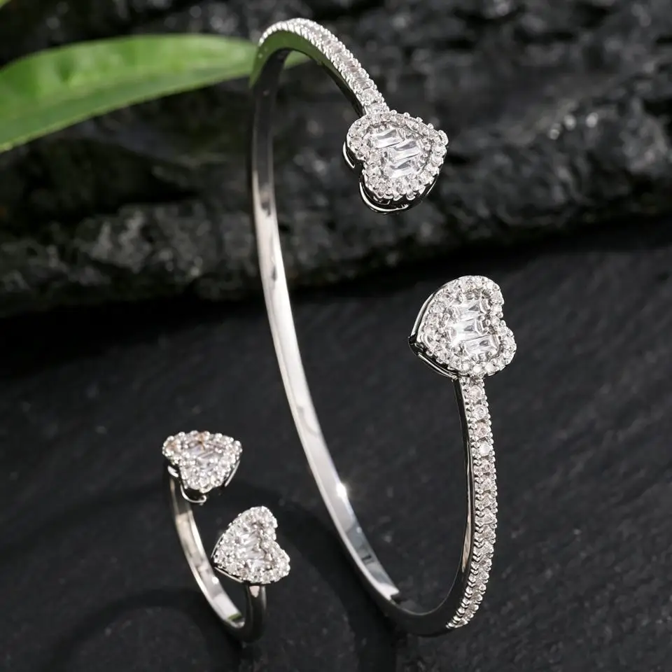ZAKOL Luxury Double Heart Cubic Zircon Open Bangle Ring Set For Women Sparkling Stackable Hand Jewelry Wedding Anniversary Gift
