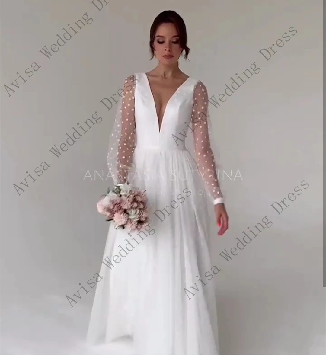 

Elegant Long Sleeve Wedding Dress Deep V-Neck Floor Length Point Net Bridal Gowns Tulle Zipper vestido de novia robe de mariage