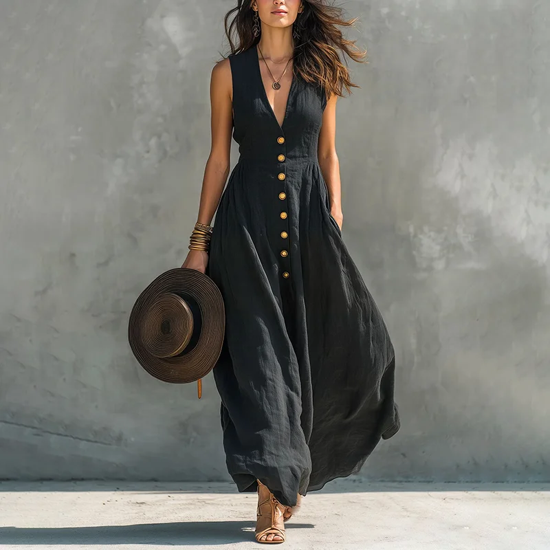 

Summer Elegant Dress Women Fashion Solid V-Neck Sleeveless Single Breasted Dress Ladies Casual Vacation A-Line Dresses Vestidos