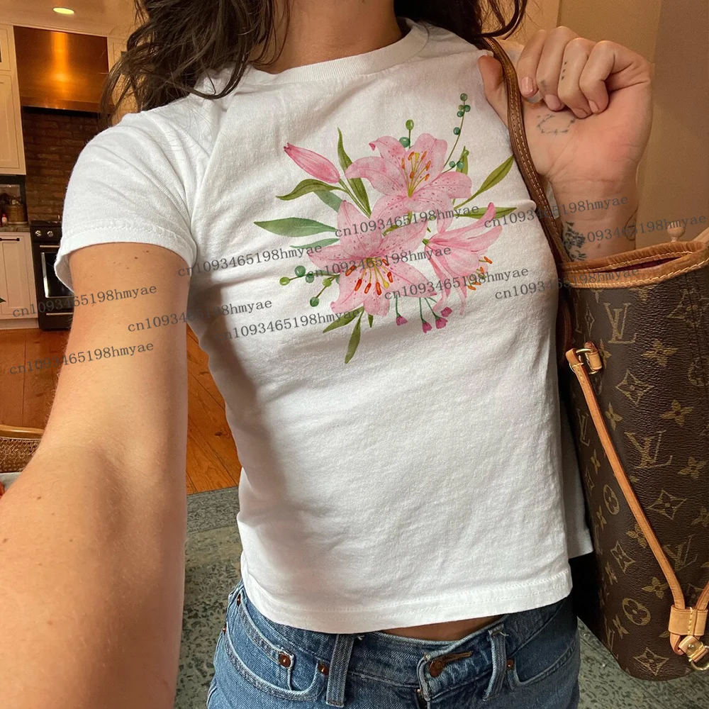 

Lily Flower Baby Tee Graphic Funky Fashion Trendy Apparel Vintage Trendy Y2K Tshirt Summer Graphic Print Women Baby Tee Flower