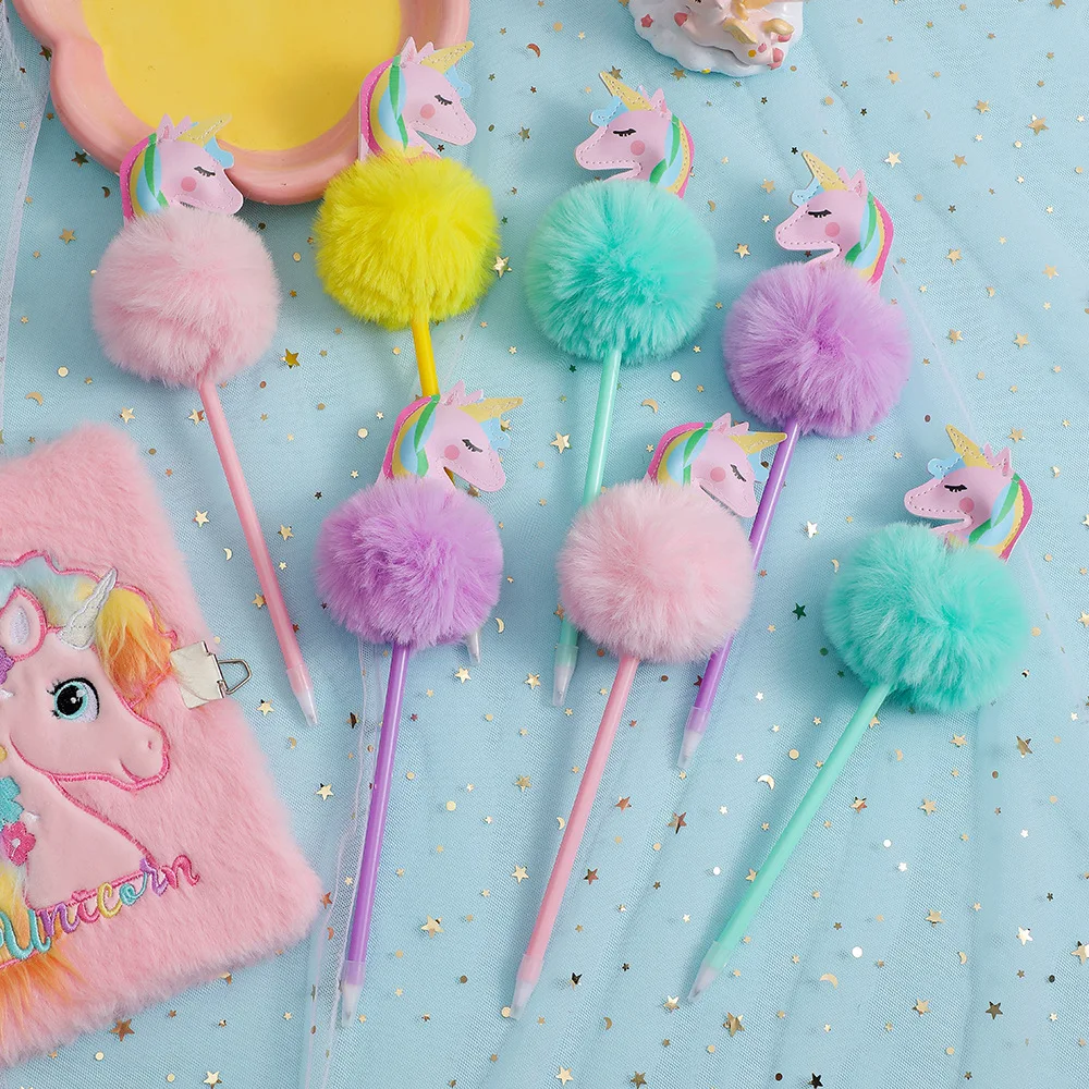 1PCS 4 Colors Children\'s Unicorn Plush Ball-point Pen Student Rainbow Note taking pen Fantastic Cartoon Girl Handwriting Pens