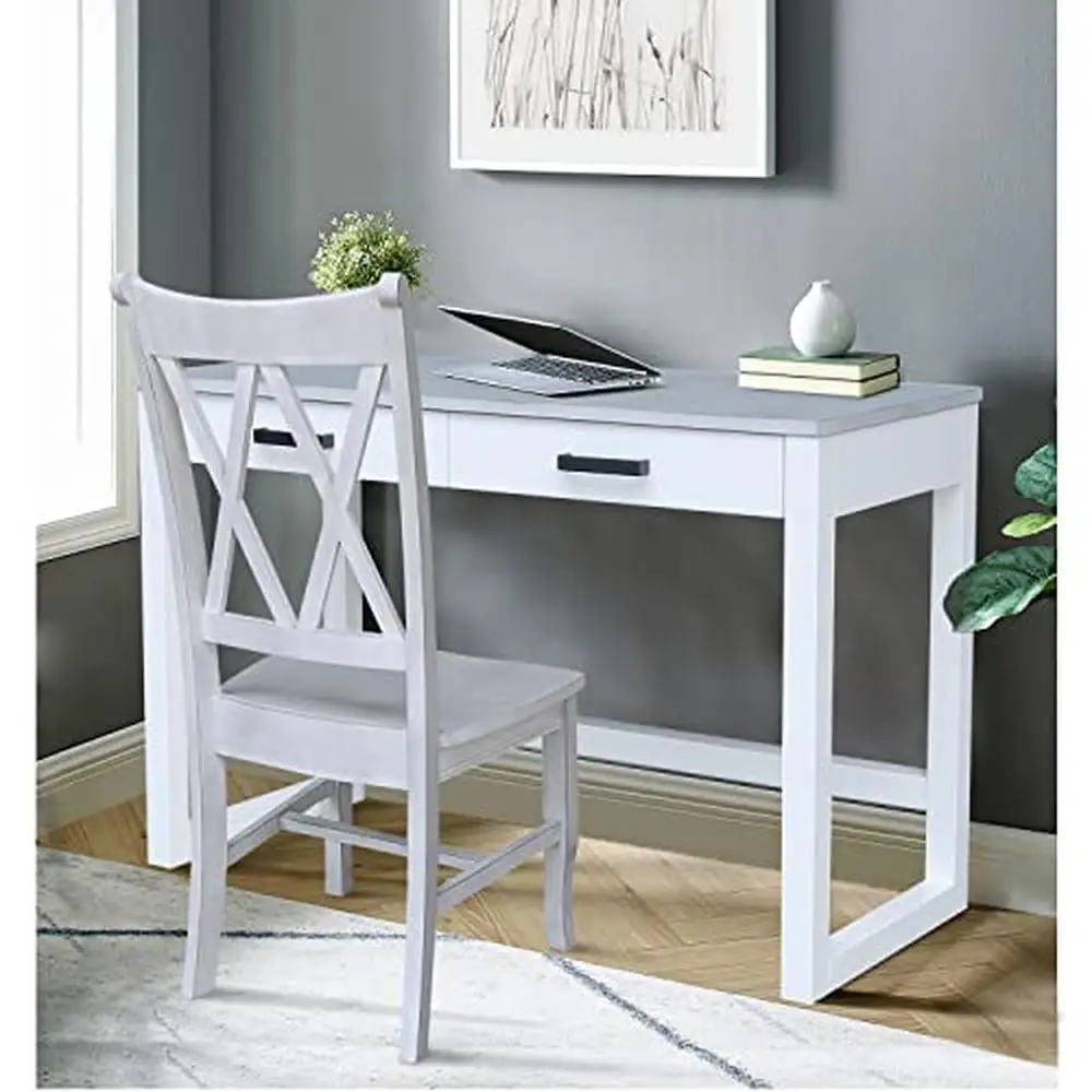 Wooden Desk and Chair Set Compact Office Workstation with 2 Drawers White Transitional Design 48