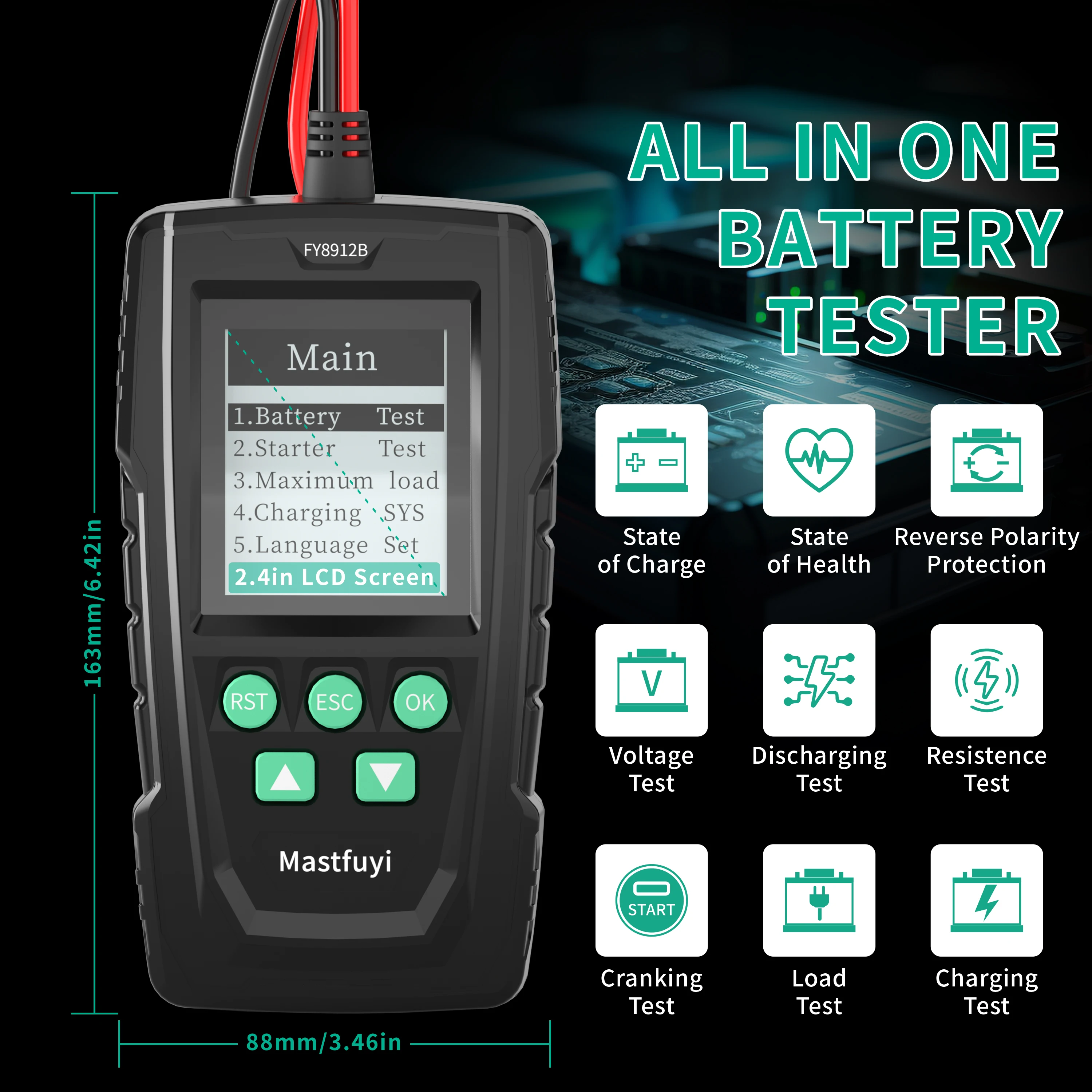 MASTFUYI FY8912B Car Automotive Battery Tester 12/24V Battery System Analyzer 100-2000CCA Charging Cranking Diagnostics Tools