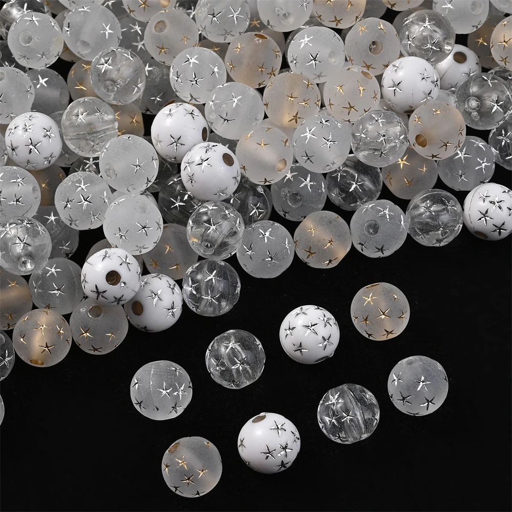 100 Stück 8 mm Sternmuster mattierte Acrylperlen, klare, runde, lose Perlen für die Schmuckherstellung, DIY-Armband, Halskette, Zubehör – Detail 7