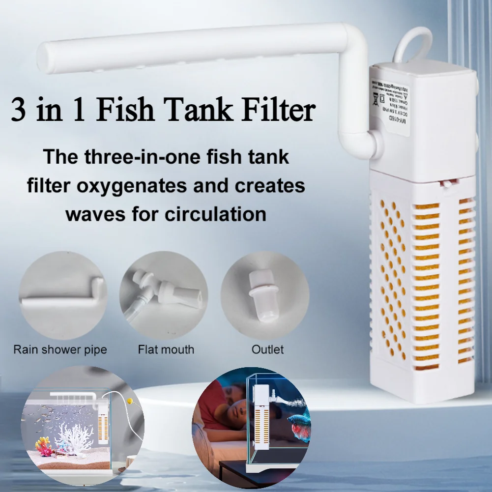 3in1 Aquarium Filter Pump Fish Tank Submersible Silent Air Oxygen Aerator Internal Water Pump Aquarium Air Pump Wave Maker DC5V