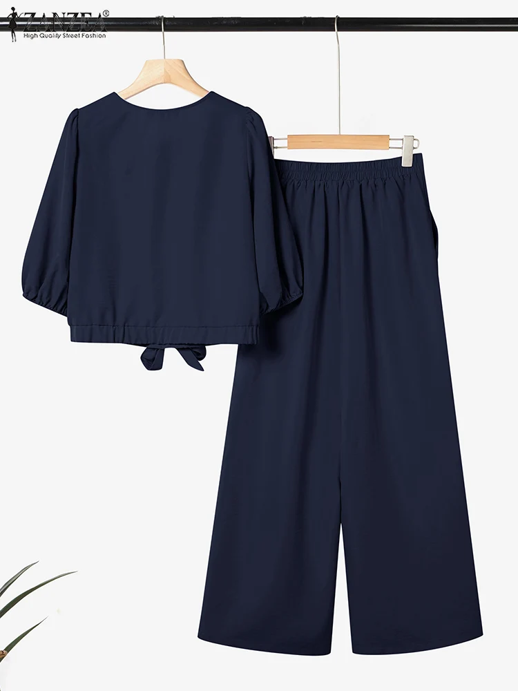 

Casual Loose Outfits 2025 Autumn Sets Women V-Neck Lace-Up Tops Elastic Waist Pants Fashion Solid Matching Sets ZANZEA