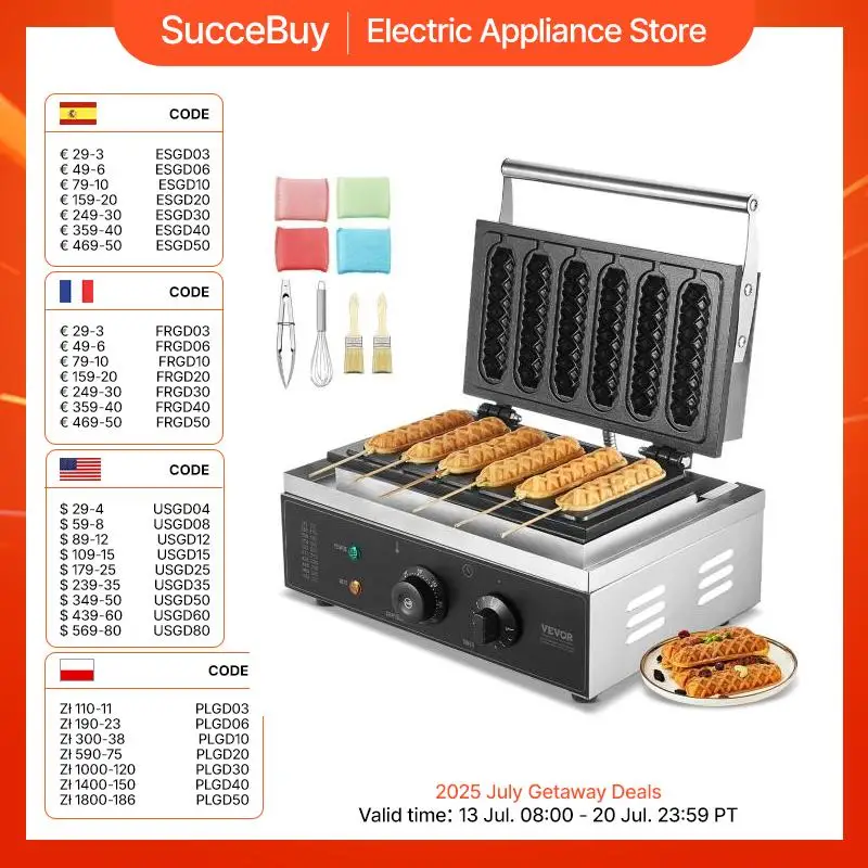 VEVOR kommerzieller Waffeleisen Waffel Maker 6-teilig 1500 W, antihaftbeschichtetes Edelstahl-Waffeleisen für Mais-Hotdogs mit Temperatur- und Zeitregelung, für Restaurant Bäckerei Snackbar Familie