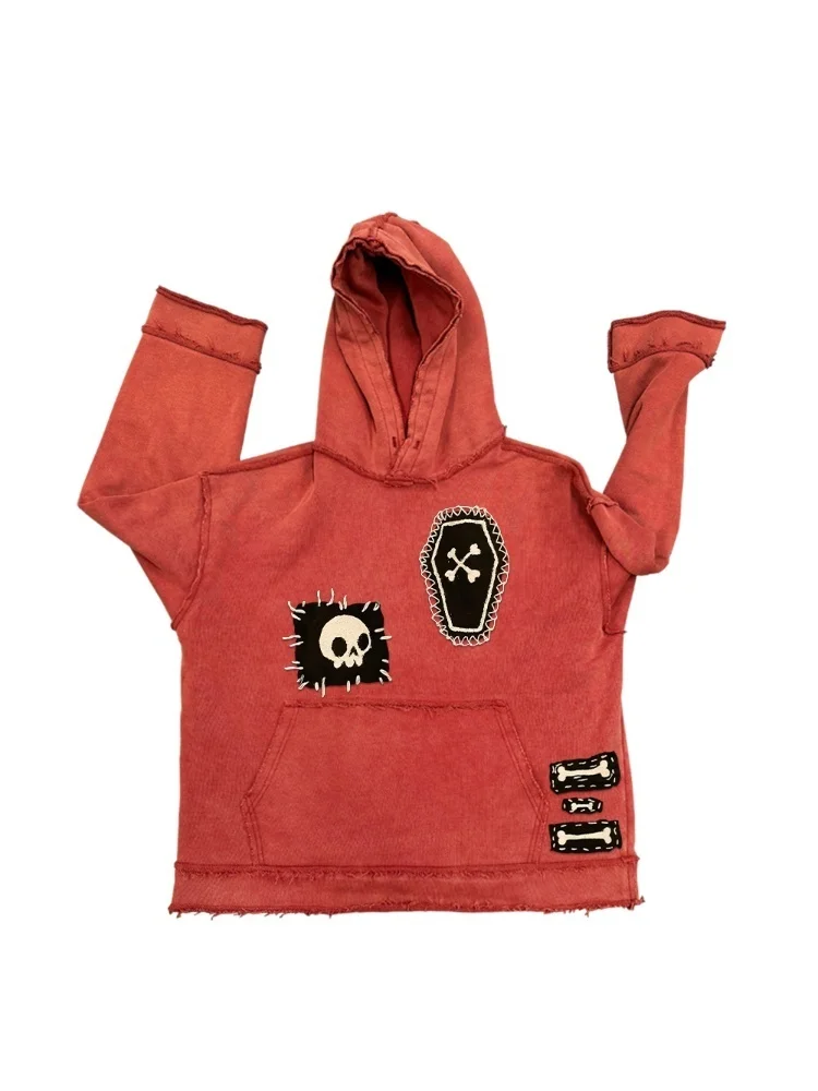 Stylish Washed Hoodie with Patchwork Design 450g Heavyweight Comfortable Casual Sweatshirt