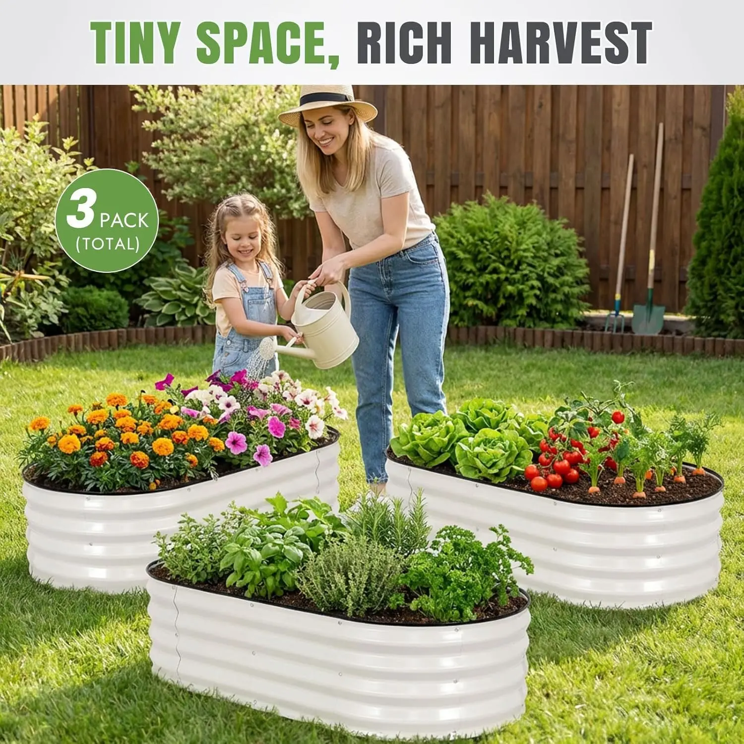 Outdoor Galvanized White Oval Raised Garden Bed, 3Pcs, Rust-Resistant & Easy Assembly for Gardening