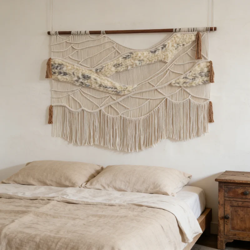 Handmade Macrame Handmade Woven Fiber Art with Tassel Natural Cotton Wall Decor for Bedroom Living Room Home