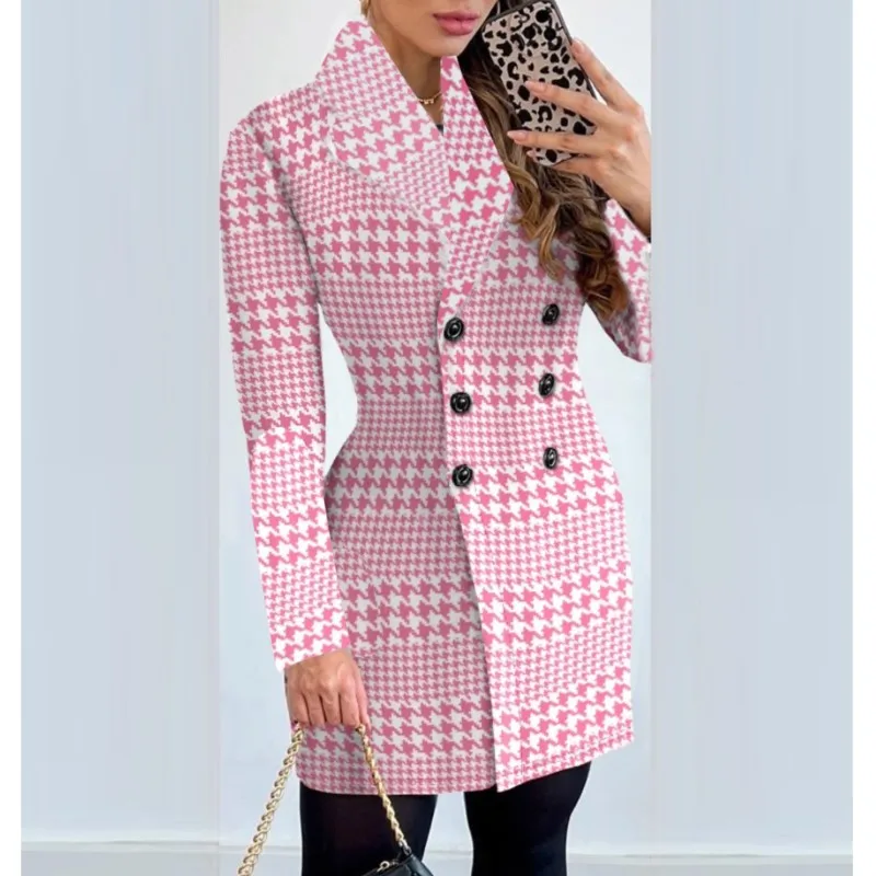 Autumn Plaid Coat Dress Women Causal Office Ladies V-neck Double Breasted Slim Coat Dresses For Woman