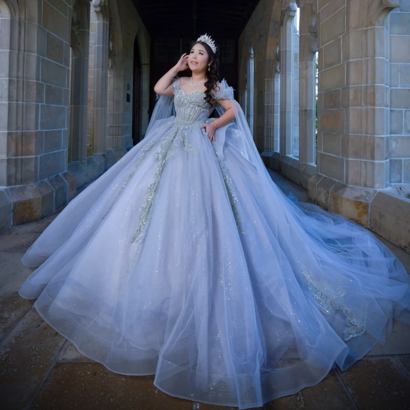 

Blue Shiny Ball Gown Quinceanera Dresses Applique Lace Beading Crystal Tull Corset Off Shoulder Sweet 16 Dress Vestidos 15 De
