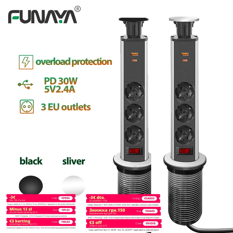 

EU 16A PULL POP UP 3 Power EU Socket Color Port Kitchen Table Desktop Sockets Retractable Countertops Hidden Desktop Outlets