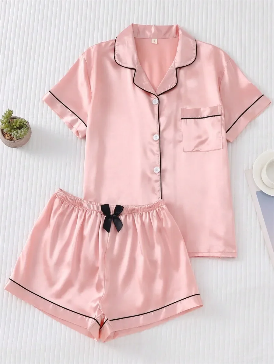 

[Elegant Fields]2pcs/Set Women's Satin Pajama Set With Short Sleeve Lapel Top And Bowknot Shorts, Sleepwear Loungewear, Two Pieces Set
