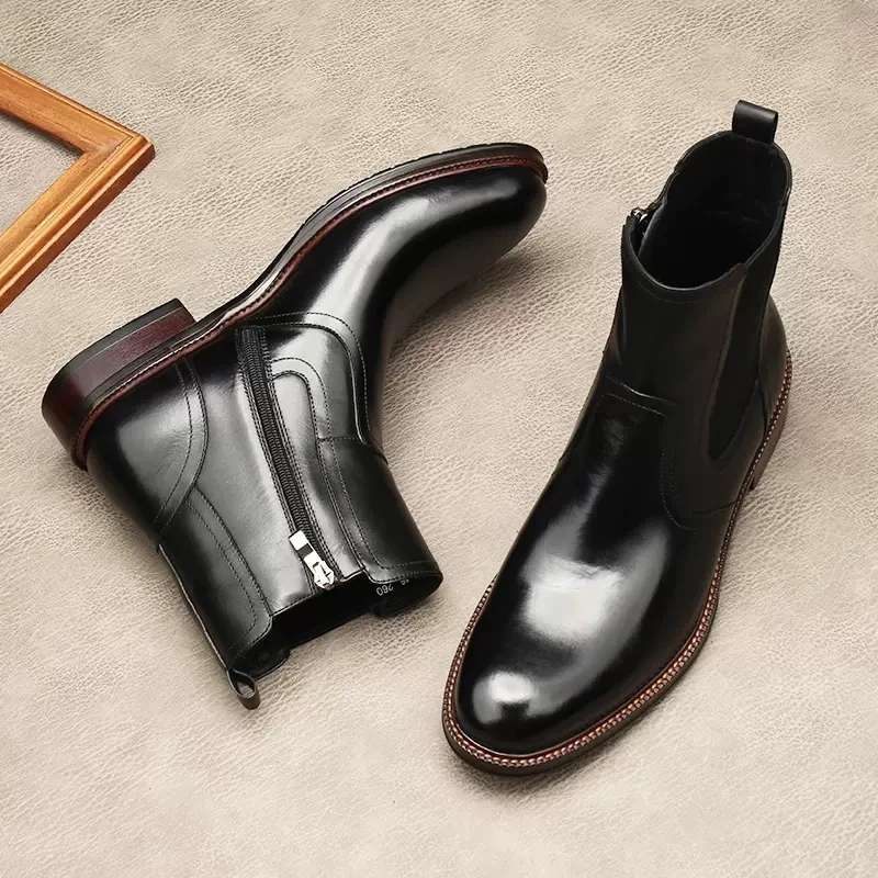 Fashion Chelsea Boots Men Winter Shoes Genuine Leather Black Brown Warm Mens Ankle Boots Round Head Ipper Luxury Man Dress Boots