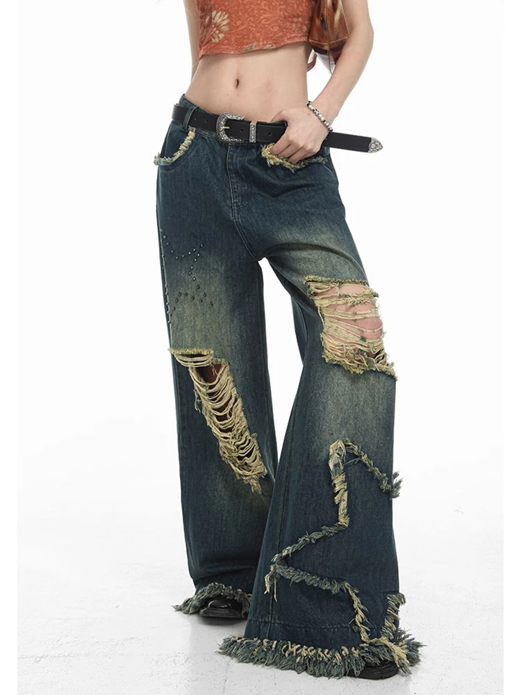 

Women's Star Patch Distressed Tassel Wide Leg Jeans Cool Girl Pants Street Bottoms Female High Waisted Baggy Denim Trousers