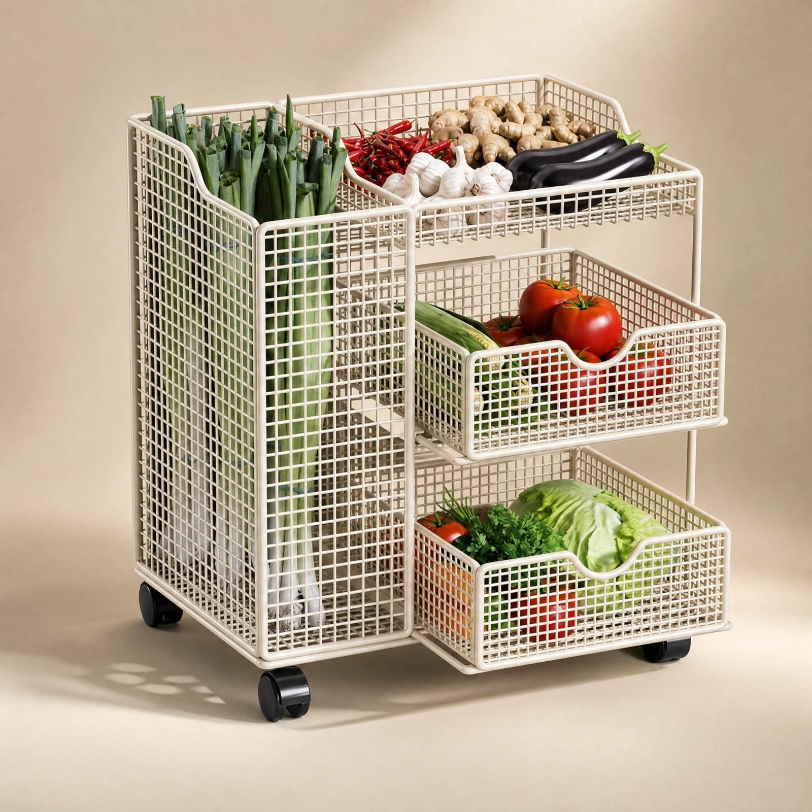 Pantry Organizer Ventilated Metal Produce Storage Cart with Wire Baskets Wire Pantry Basket Organizer Sturdy for Compact Homes