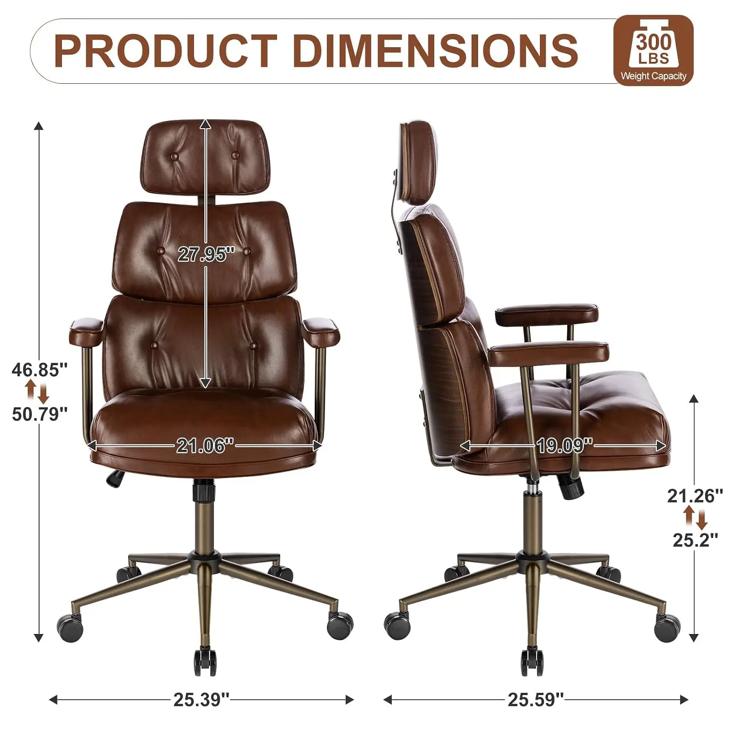 Mid-Century Modern Ergonomic Office Chair, High Back Headrest, Brown, Customized