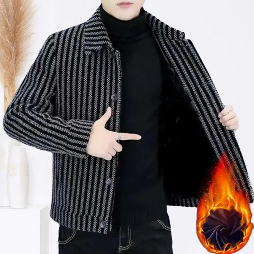 

Stylish Men Outerwear Lapel Collar Jacket Striped Single-breasted Men's Cardigan Coat Thick Warm Mid Length Business for Casual