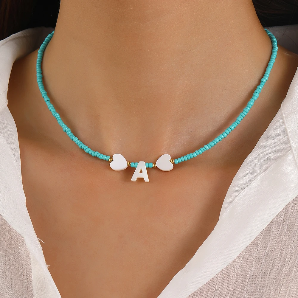 26 Letter Stainless Steel Tail Chain, Blue Millet Bead Necklace, Shell Heart Letter, Women\'s Jewelry