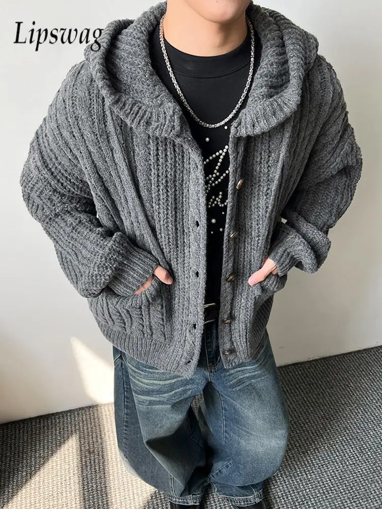 

Streetwear Fashion Men's Sweatercoats Fall Winter Outdoor Casual Button-up Knit Cardigans For Men Vintage Hooded Sweater Jacket