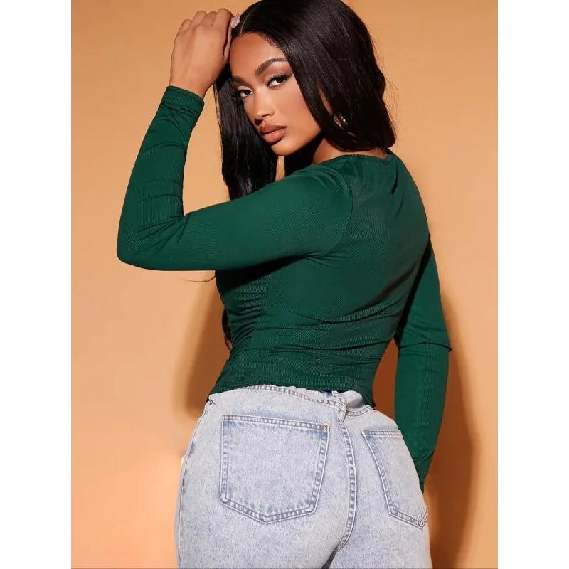 Plus Size 1XL-5XL Women Fashion Solid Color Long Sleeve T-Shirts Ladies Casual Slim Fit Pullovers Female Basic Tees Tops