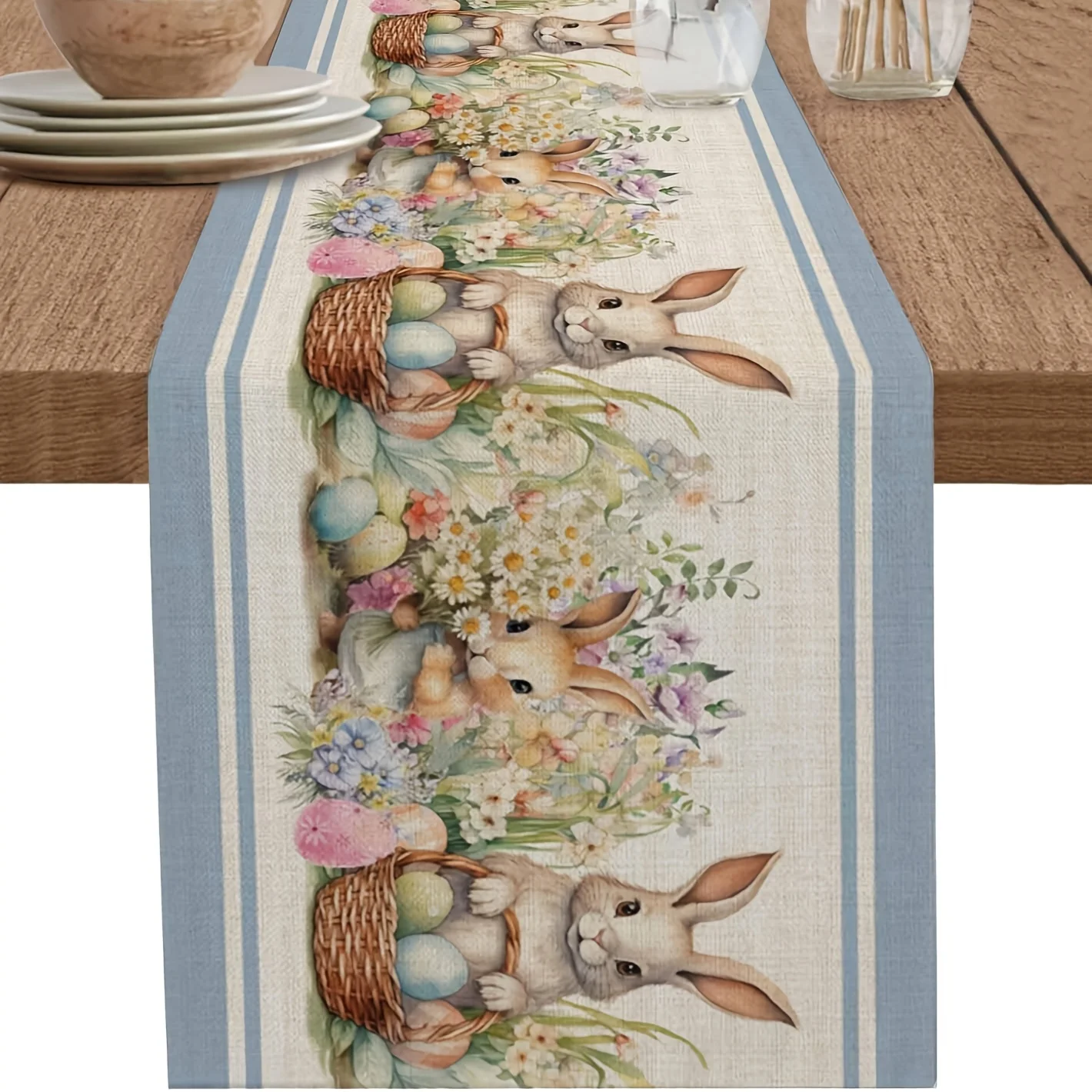 1 Easter Bunny Table Runner - with Colorful Eggs and Waterco