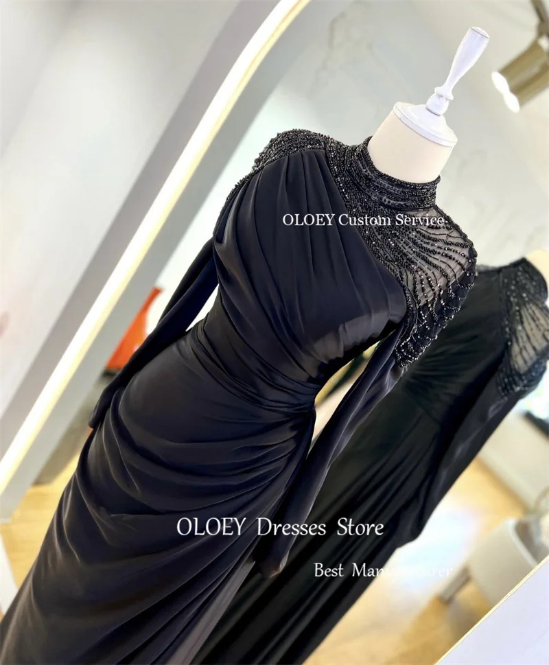 OLOEY Modest Dubai Arabic Women Evening Dresses Glitter Long Sleeves High Neck Pleats Prom Gowns Formal Occasion Pary Dress