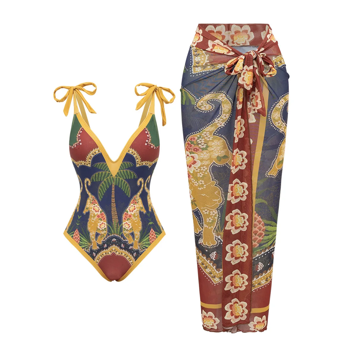 sexy vintage floral print deep v-neck swimsuit bodysuits two pieces with long cover skirt bathing suit swimwear biquini tankini