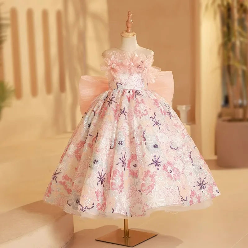 

Real Picture Elegant Sequined Flower Girl Dresses Sheer Neck Bow Puffy Kids Pageant Piano Show Dress Children Prom Party Gown