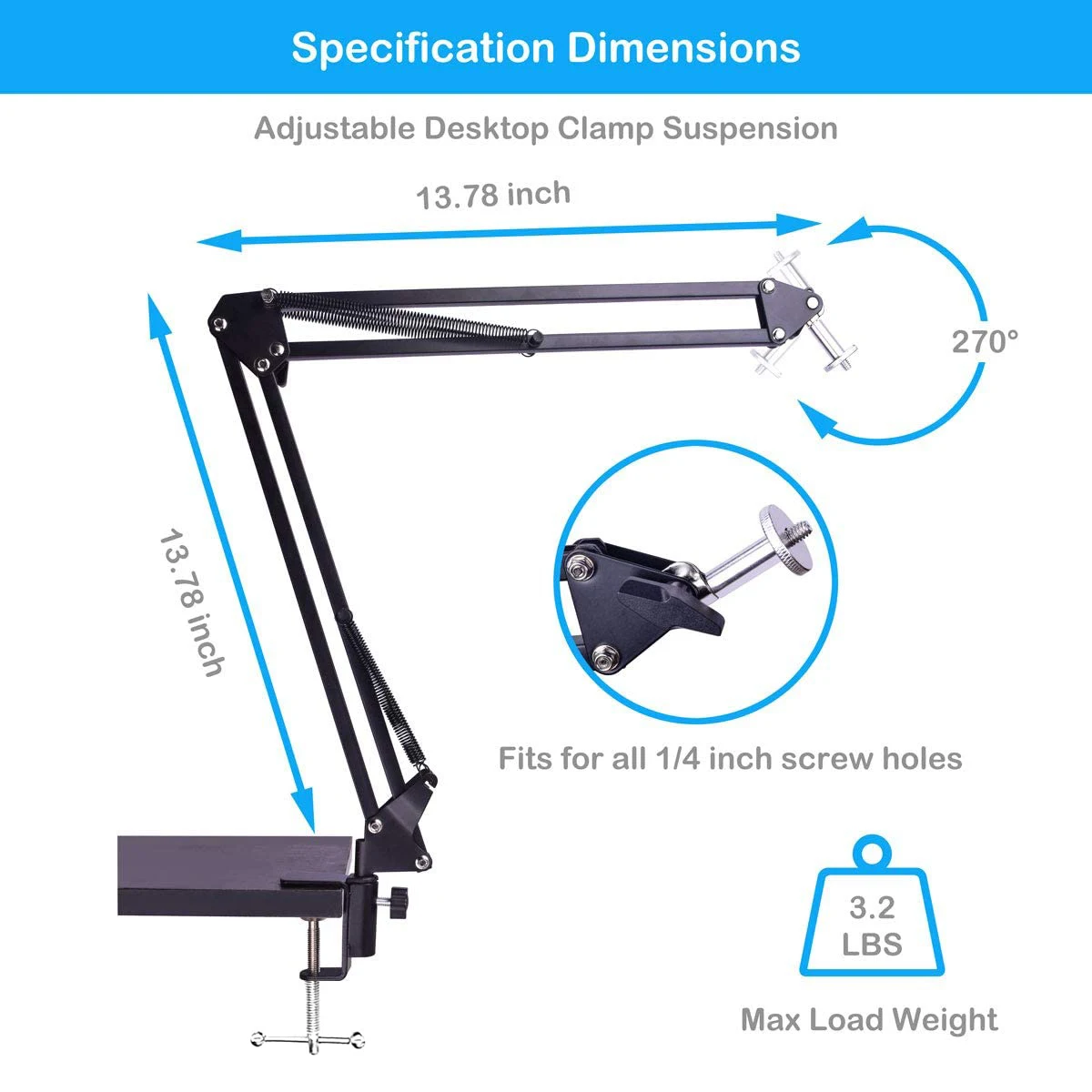 Trépied de table pour appareil photo avec vis de 1/4 pouces, ensemble de prise de vue aérienne, support de bras réglable pour téléphone, lampe