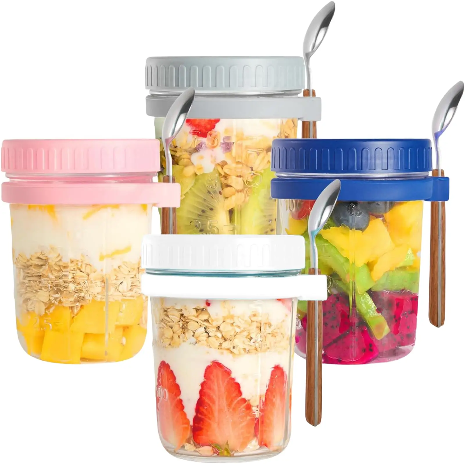 4Pcs Mason Jars for Overnight Oats - Glass Food Storage Containers with Lids and Spoons - 16 oz, Multi-Colored Jars with Marks