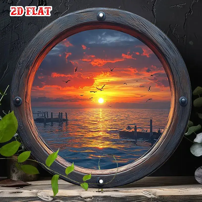 Letrero de pared de aluminio redondo para ventana de barco, puesta de sol 2D, decoración de Metal de paisaje marino de 7,87 pulgadas con pájaros y paisaje oceánico, sin marco, 1 ud.