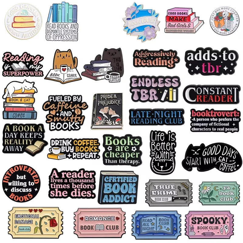 31 Types Cartoon Book Series Enamel Pins Funny Phrase Reading Notes Stamps Shaped Brooches Lapel Badge Accessories for Clothes