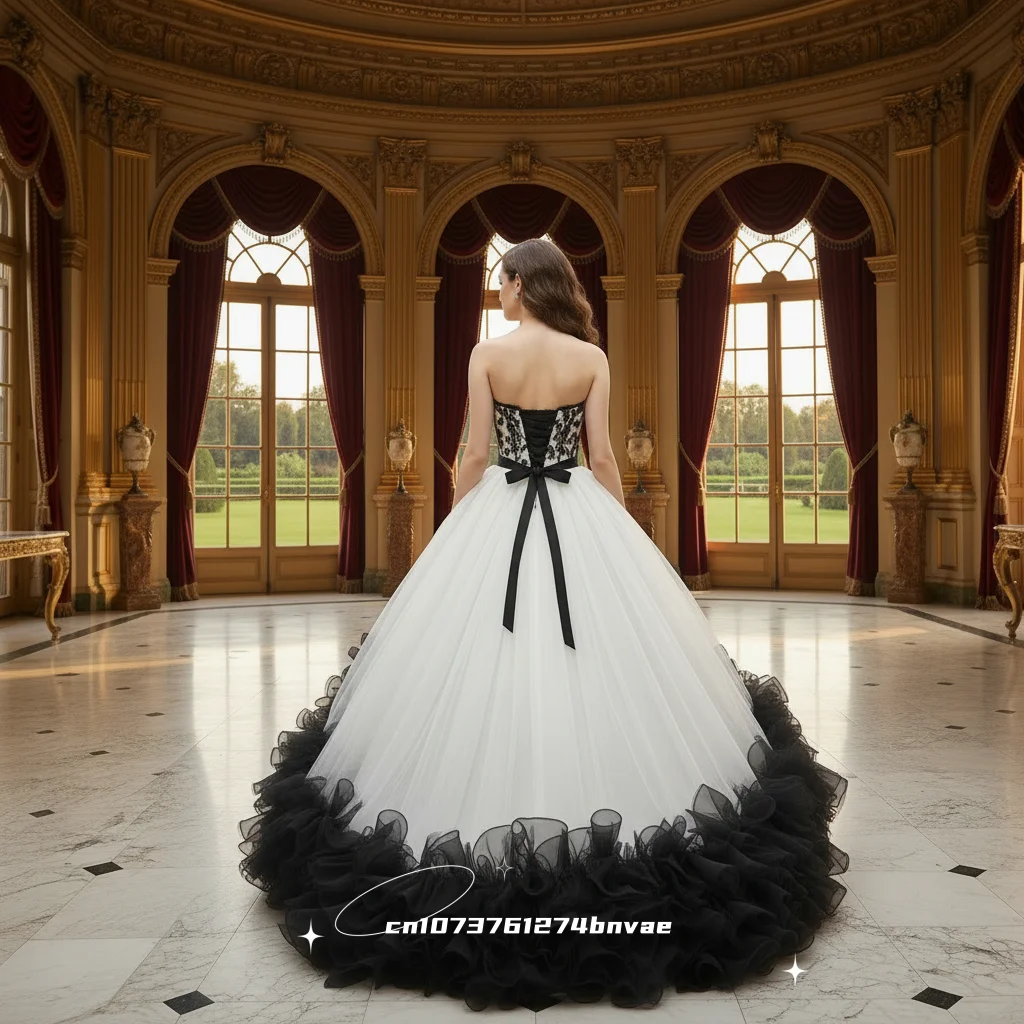 Gothic Black And White Wedding Dress Sweetheart Strapless Ruffle Tulle Ball Gown Floor Length Puffy Bridal Gowns Customized