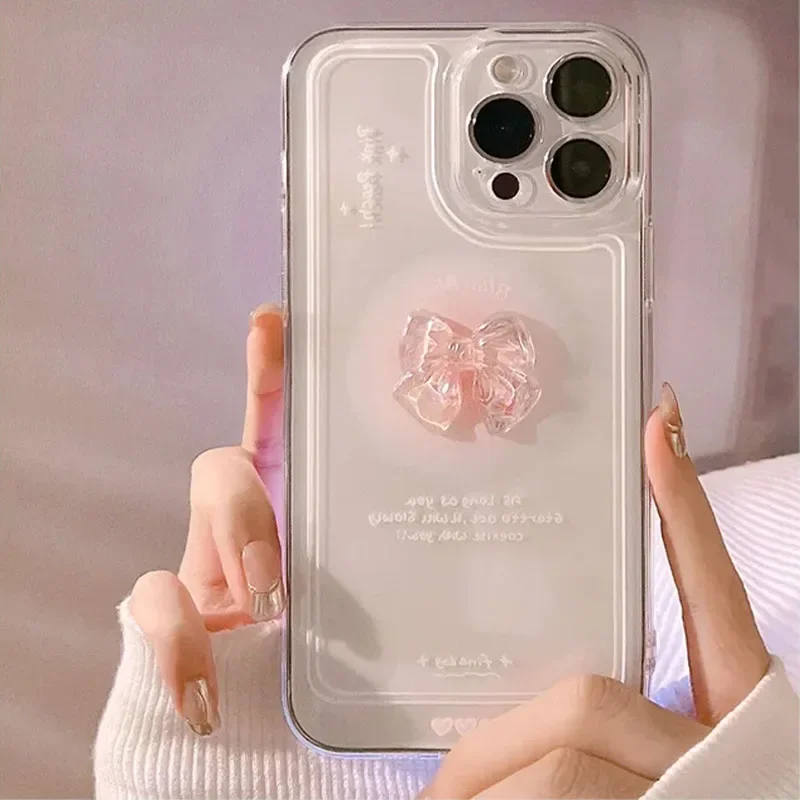 NEW 3D Bow Transparent Phone Case For IPhone 15 14 16 Plus 11 12 Pro Max 13 Mini X XR 7 8 Plus SE2 Crystal Candy Cute Soft Cover