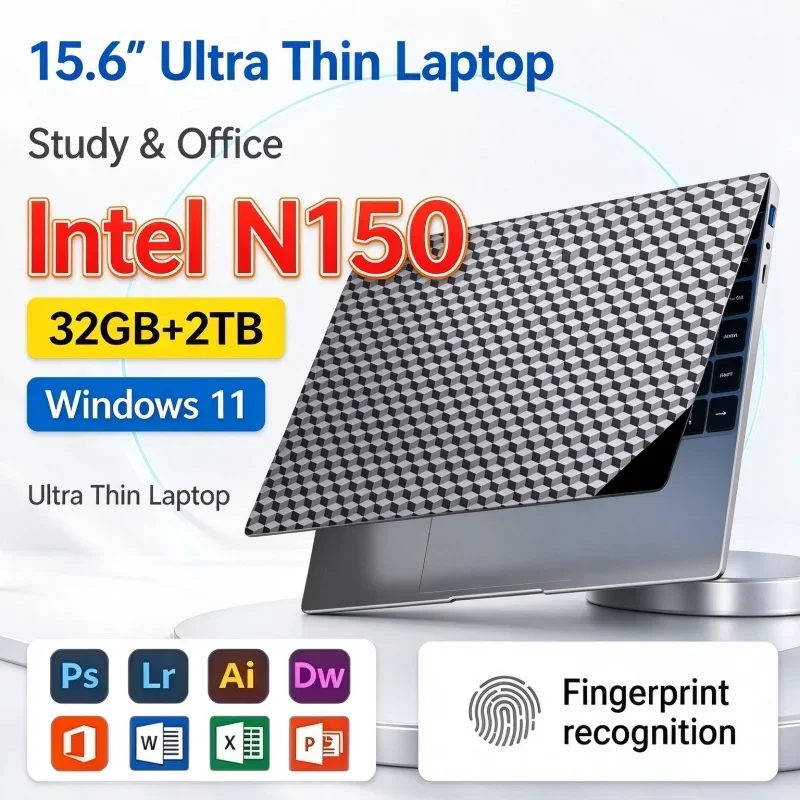 2026 New Notebook PC 15.6'' Ultra Thin Laptop Intel N150 32GB RAM 1TB 2TB SSD FHD Windows11 For Student Office Daily Games Home