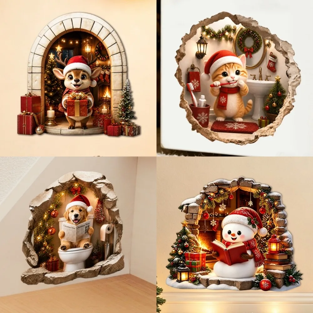 3D Visual Crack Christmas Wall Sticker Self‑adhesive Decal Santa Snowman Elk Pattern Living Room Xmas Home Party Wall Decor Gift