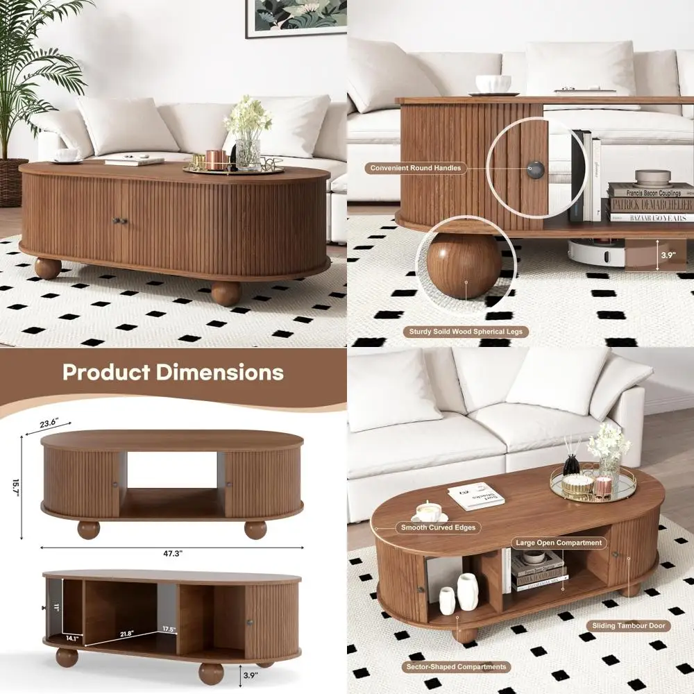 Mid Century Modern Oval Coffee Table with Storage and Sliding Doors, Wood Accent Center Table