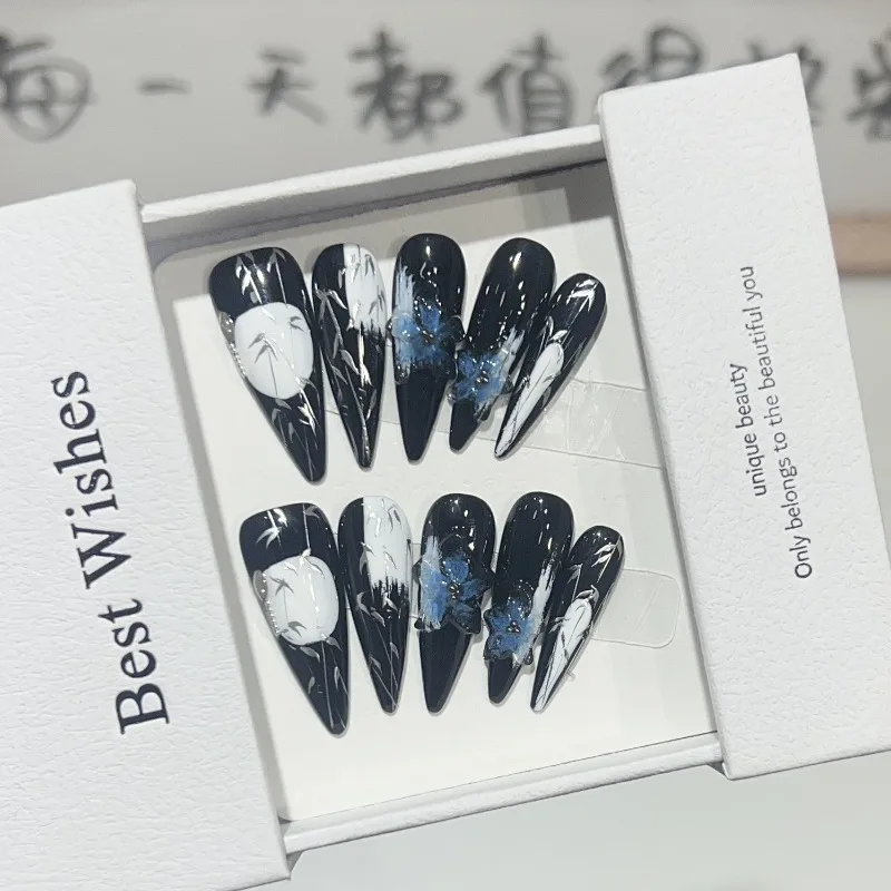 Full Cover False Nails Press on Nails Fake Nails Diy Pure Handmade Removable Bamboo Forest Blue Demon Ice Flower