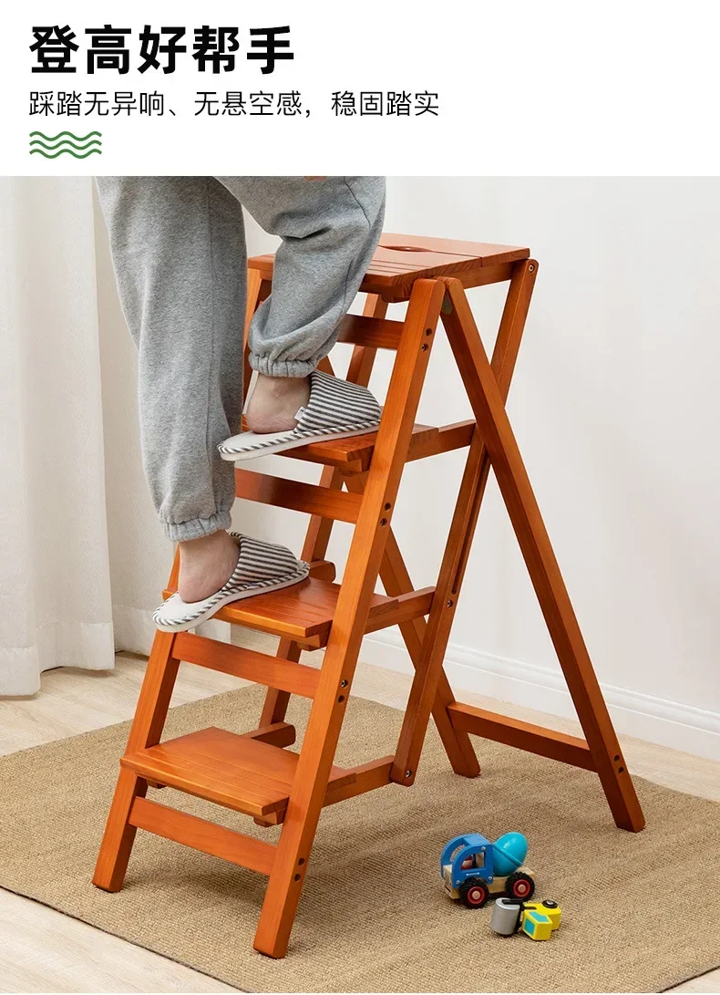 Wood Natural Climbing Kitchen Stool Multifunctional Ladder Chair Folding Design Ladder Stool Stable Load-bearing Step