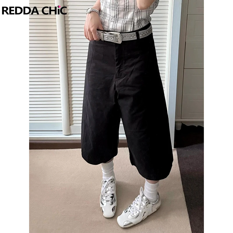 

ReddaChic Work Casual Women Capri Pants with Pockets Solid Black Cleanfit Wide Leg Seam Suit Trouser Shorts Comfy Summer Bottoms