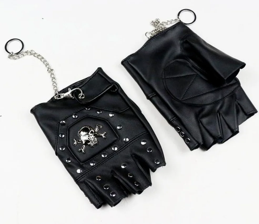 Punk Gothic Leather Pair Fingerless Biker Sports Mountain Gloves With Cranium Studded For Men