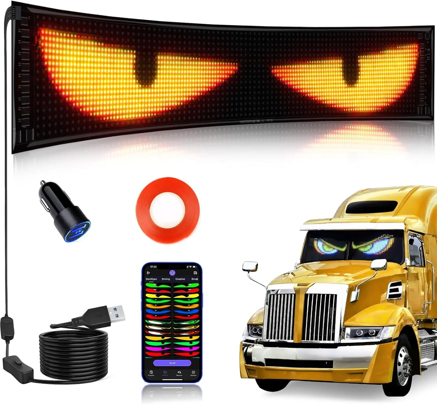 

Synchronized Multi-Color LED Eyes for Truck Windshield, Programmable Display with App Control, Easy Installation