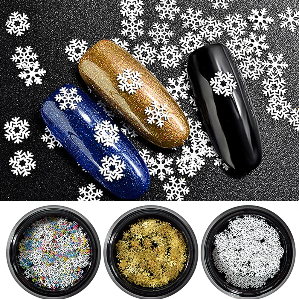 1-Jar Mixed-Größe Schneeflocke Nagel Glitter Pailletten Weihnachten Weiß Glitter Nagel Flocken 3D Hohl Metall Schneeflocke Maniküre decor P-T