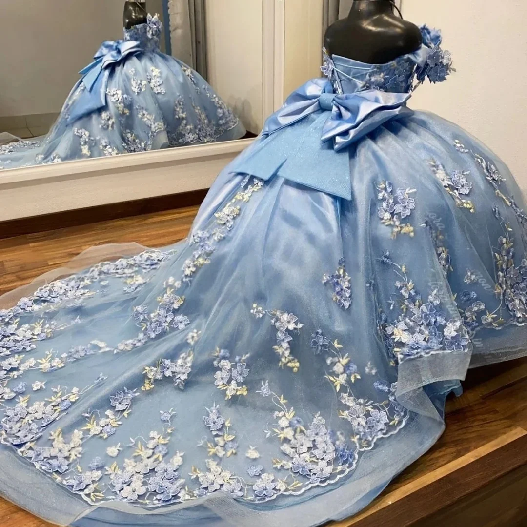 Custom Flower Girl Dress Wedding Gown Birthday Party Pageant Dress Off Shoulder Floral Embroidered Big Bow Train Ball Gown For