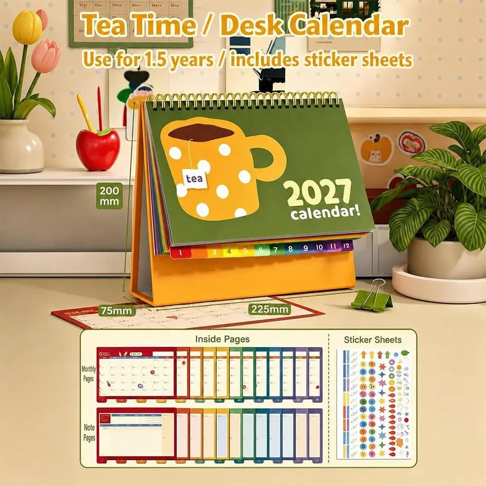 Paper Monthly Calendar Spiral Bound Freestanding Desk Planner Cartoon Pattern Monthly Layout Planner Calendar Desktop Calendar