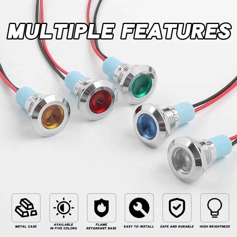ضوء مؤشر معدني LED عالي السطوع 12 مم مع سلك - جهد متعدد (5 فولت/24 فولت/220 فولت) و5 ألوان (أحمر/أخضر/أصفر/أزرق/أبيض)