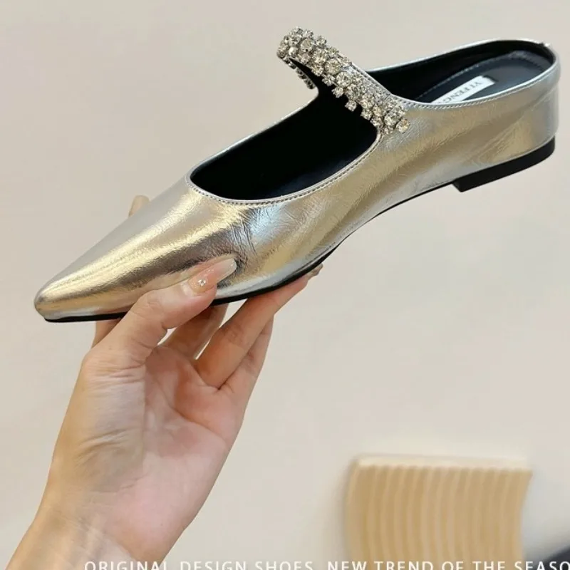 Baotou Half Drag Female Summer New Wear Outside Pointed Head Rhinestone Inside Increase Sandals