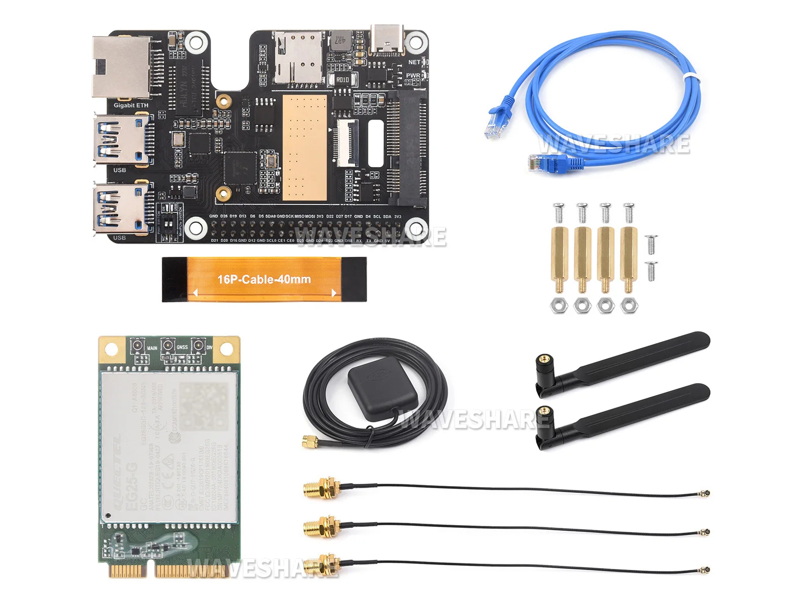 

EG25-G 4G GbE USB3.2 HAT+,PCIe To MiniPCIe / Gigabit Ethernet / USB 3.2 Gen1 HAT For RPi,With EG25-G mPCIe Module,OS Support